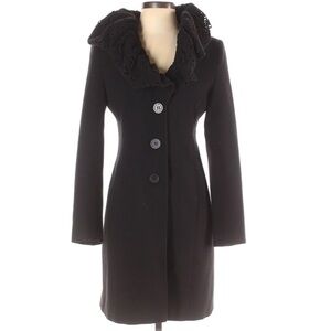 Omai Now or Never Black dramatic Ruffle Rose Cut Overcoat women’s small